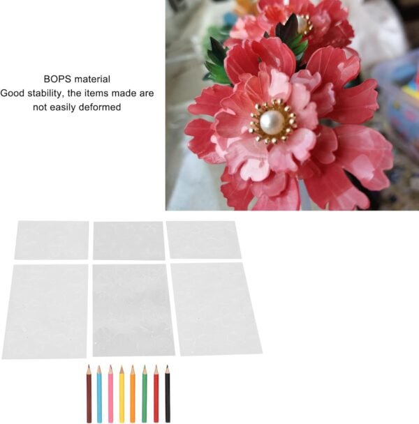 6 Sheet Flower Heat Shrink Paper Kit for Crafts, BOPS Material Shrink Film Paper, Heat Shrink Plastic Sheet Kit, Shrink Art Paper, Two Sides Pre Cut with 8 Color Pencils - Image 2