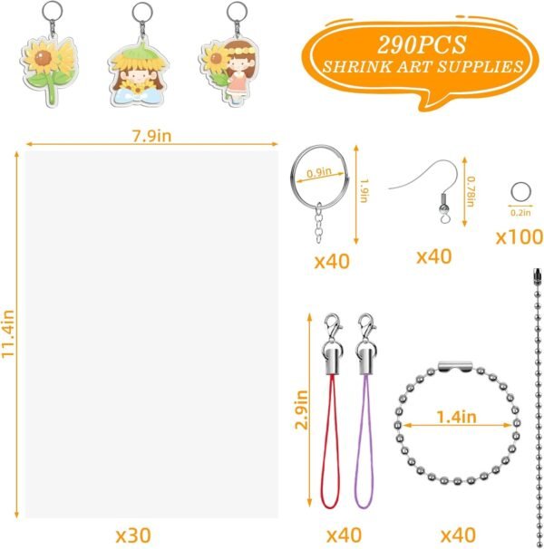 290 Pieces Heat Shrink Plastic Sheet Kit Include 30pcs A4 Shrinky Art Paper and 120 Keychains Accessories 20 Earring Hooks, Creative Craft Homemade s and Keychain