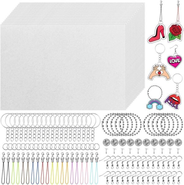 Shrinky Plastic Keychain Kit, Shrinky Art Kit Including 25 Sheets Shrink Film, Keychains Jewelry Accessories for Creative Crafts and Keychains Making