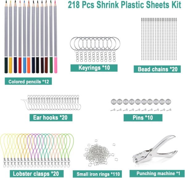 218 Pcs Shrink Plastic Sheets Kit, for Kids and DIY Keychain Making Kit: 15 Plastic Sheets, Keychains, Hole Punch, and Pencils for Creative Crafts