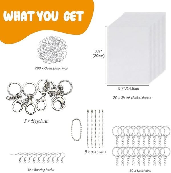 260PCS Shrink Plastic Sheets Kit with 20 PCS Shrinky Art Paper and 20 PCS Keychains 200PCS Open Iron Ring for Kids Creative Craft Marking, Homemade s, Handprint Keychains (260) - Image 2