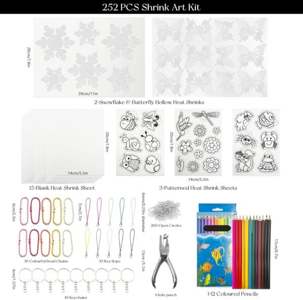 252PCS Heat Shrink Plastic Sheet Kit with Hollow Out Snowy and Butterflies Patterned  Paper, Shrink Paper with Keychain Kit,Hole Punch,Colored Pencils,Craft Creative Ornament - Image 2