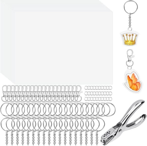 Shrinky Art Keychain kit, Including 20 Sheets Shrink Plastic Paper, Keychain Clip, Split Key Rings, Key Rings with Chain, Jump Rings, Hole Punch for Craft Creative