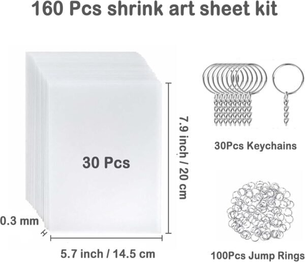 Heat Shrink Plastic Sheets, 30Pcs Shrink Art Paper Shrink Film Sheet with 130Pcs Keychain Accessories, Frosted Shrink Plastic Film Paper Sheet for Kids Creative Art Craft Marking 7.9X5.7 Inch - Image 2