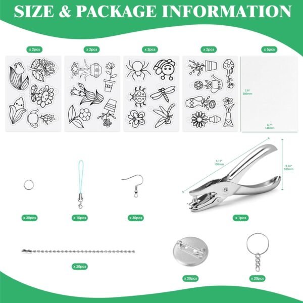 174Pcs Shrinking Plastic Sheets Kit W Blank and Pattern Shrinkle Film Art Paper, Hole Punch, Keychains Accessories, Butterfly Clutch Tie Tacks, Ball Beads Chain for Craft and Art Supplies - Image 2