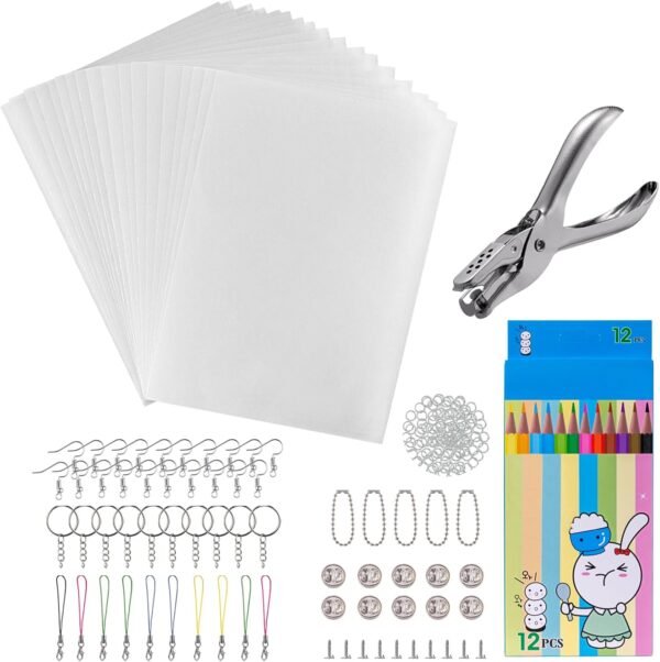 Heat Shrink Plastic Sheets Keychain Kit, 188Pcs  Sheets  Paper Shrink Art Kits for Kids Including 20Pcs Shrink Paper Sheets, Hole Punch, Pencils, Keychains for Crafts