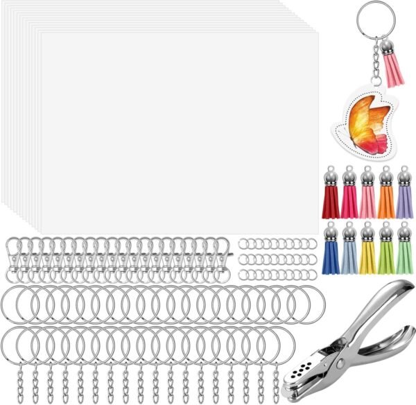 162 Shrinky Sheets Keychain kit, Including 20 Sheets Shrinky Plastic Paper, Tassels, Keychain Clip, Split Key Rings, Key Rings with Chain, Jump Rings, Hole Punch for Creative