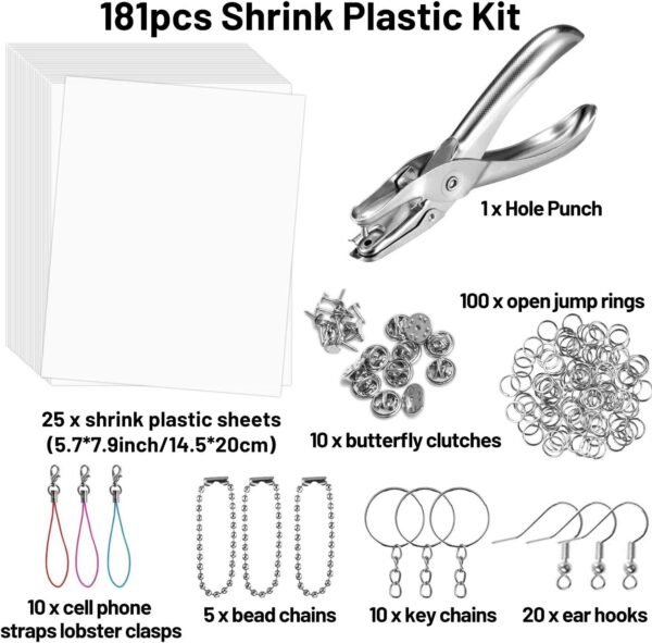 181pcs Heat Shrink Plastic Sheets Pack, Shrinky Art Crafts Set Include 25 PCS Blank Shrinky Art Film Paper with 155pcs Keychains Accessories for DIY Ornaments or Creative Craft - Image 2