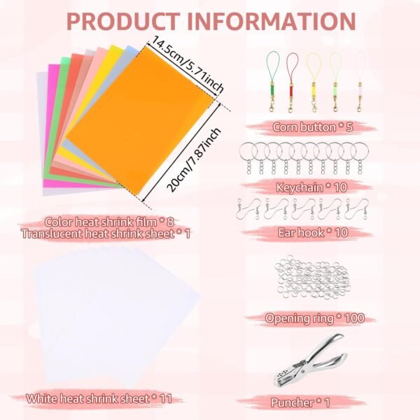 20 Pcs Heat Shrink Plastic Sheet Kit Keychain Include 20 PCS Shrink Film Papers 10 Pcs Keychains for Kids Creative Craft for Pendant Bookmark Earring Bracelet - Image 2