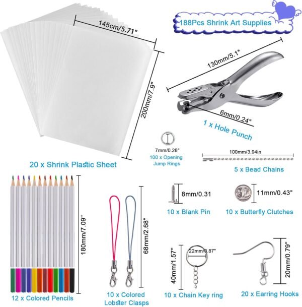 Heat Shrink Plastic Sheets Keychain Kit, 188Pcs  Sheets  Paper Shrink Art Kits for Kids Including 20Pcs Shrink Paper Sheets, Hole Punch, Pencils, Keychains for Crafts - Image 2