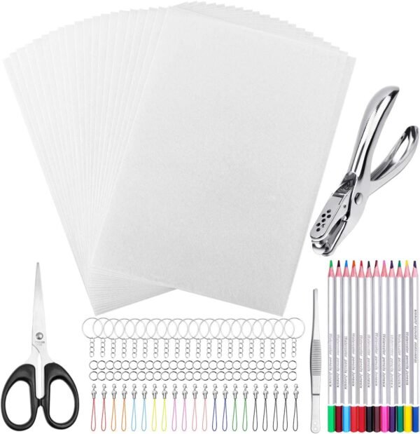 Shrinky Plastic Sheets Keychain Kit, 125Pcs Shrinky Art Kit Including 20 Pcs Shrinky Paper Sheets, Hole Punch, Pencils, Keychains, Tweezers, Scissors for Crafts and Keychains
