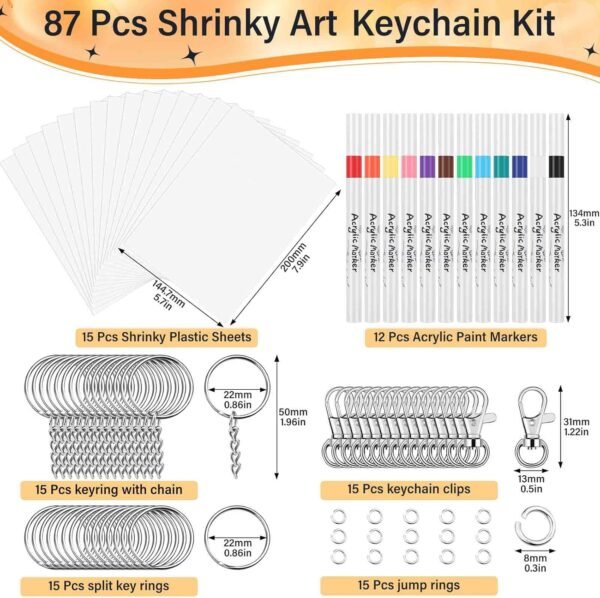 87 PCS Shrinky Plastic Sheets Kit, Including 15 Sheets Shrinky Art Paper, Acrylic Paint Markers, Keychains for Creative Crafts and Keychain Making - Image 2