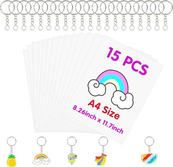 135pcs Big Size Heat Shrinky Paper Keychain Kit with 120pcs Keychains Accessories and 15pcs A4 (11.7''x8.3'') Clear Heat Shrinky Art Film Paper for Making Creative Craft Handwork Keychain Kit