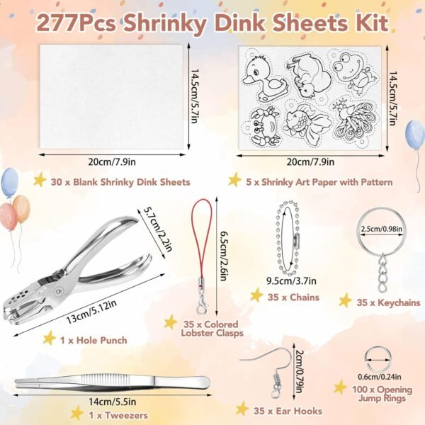 277Pcs Shrink Plastic Sheets Kit, Including 30Pcs Shrink Plastic Sheets 5Pcs Shrinky Art Paper with Pattern, Keychains Accessories, Hole Punch, Tweezers for Crafts DIY Keychain Making - Image 2