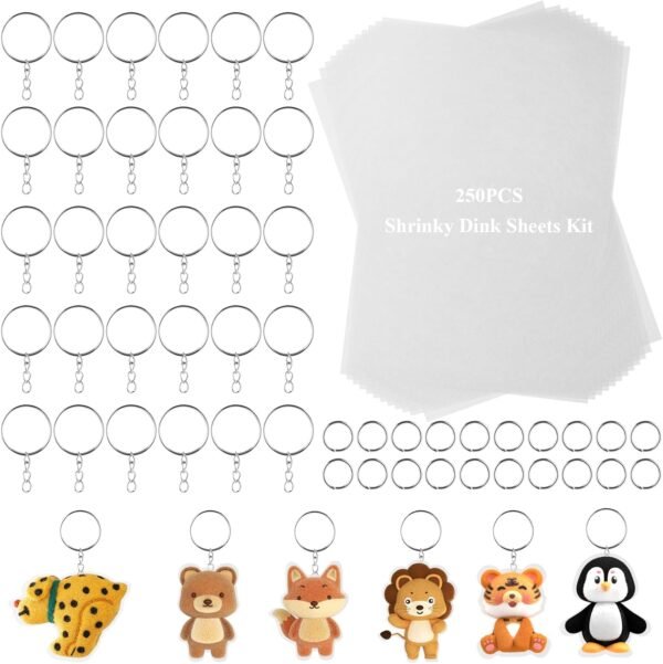 250PCS Heat Shrink Plastic Sheets Kit,  Kit with 50PCS  Paper,100PCS Keychains and Open Iron Ring for Crafts Making Thanksgiving Christmas Earrings