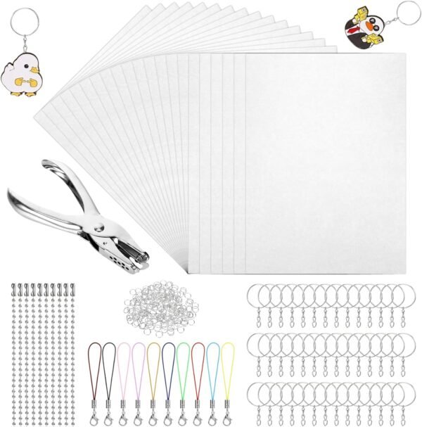 245 Pieces Shrink Plastic Sheets Kit,Shrink Paper Keychain Kit,Shrinking Paper Set Includes 25 Sheets Shrinky Papers,Hole Punch,Clear Heat Film Papers for Creating Keychains,Custom Decor