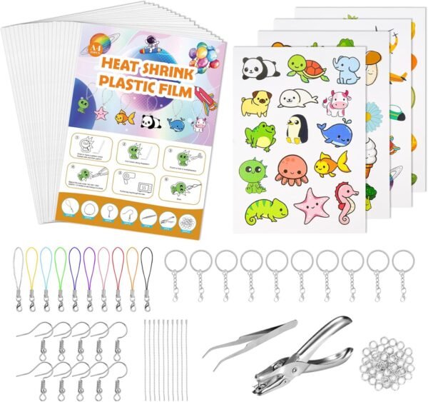 156PCS  Sheets Kit, Shrink Plastic Sheets Kit Includes 20 Sheet A4 Shrink Paper and 130Pcs DIY Keychain Making Accessories, Shrink Film for Paper Crafts