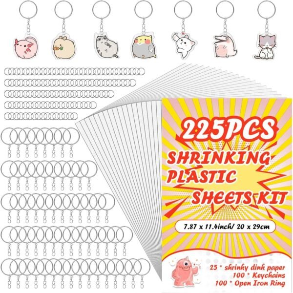 225PCS  Sheets Keychains Kit,Shrink Plastic Sheets Kit with 25PCS  Paper,100PCS Keychains and Open Iron Ring for Kids Creative Craft Marking, Handprint（7.87 x11.4inch/20x29cm）