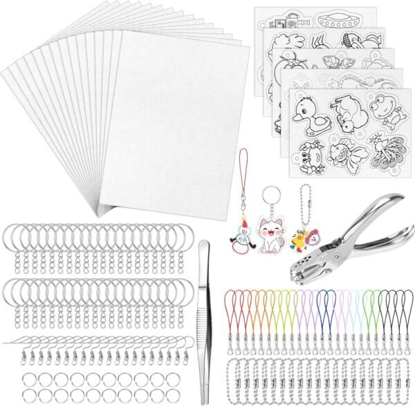 277Pcs Shrink Plastic Sheets Kit, Including 30Pcs Shrink Plastic Sheets 5Pcs Shrinky Art Paper with Pattern, Keychains Accessories, Hole Punch, Tweezers for Crafts DIY Keychain Making