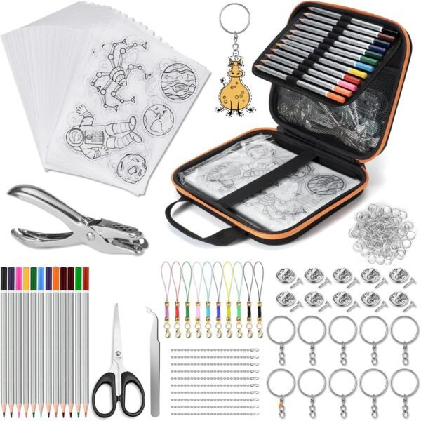 Sheets Kit with Case, 186 Pcs  Keychain Kit with 20 Pcs  Papers, Hole Punch, Pencils, Keychains, Scissors for Creative Craft, DIY Ornaments and Keychains