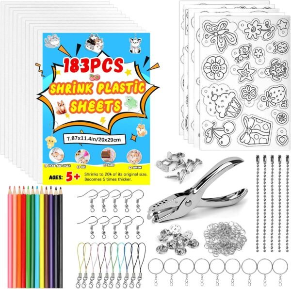 183PCS  Keychain Kit,15 PCS Shrink Plastic Sheets with Colored Pencils,Hole Punch,Keychains,Buckle Chains for Kids Creative Crafts Jewelry Making DIY(7.87x11.4inch/20x29cm)