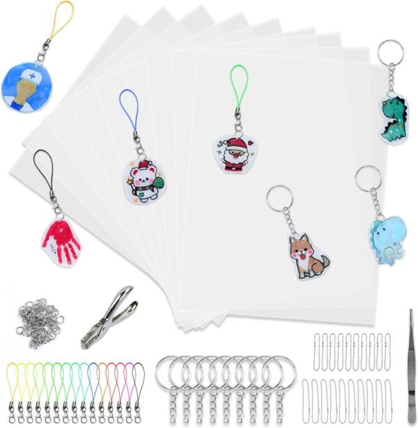 Heat Shrink Plastic Sheets Keychain Kit,206 Pcs Shrinky Sheets Kits for Shrinky,Including 20 Pcs Shrink Paper Sheets,Keychains Accessories Hole Punch for Crafts and Keychains Ornaments