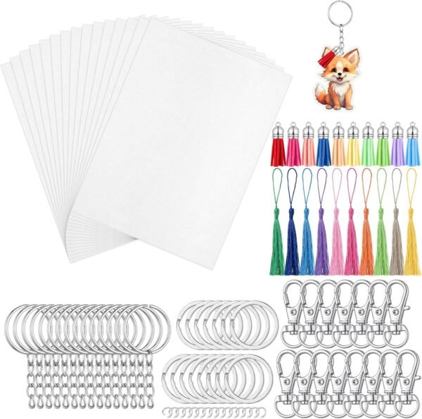 95 Pcs Shrinky Plastic Sheets, 15PCS Shrinky Paper7.87 * 5.7in,60PCS Keychains and Key Ring, 20Pcs Tassels for Crafts,Bookmarks Making