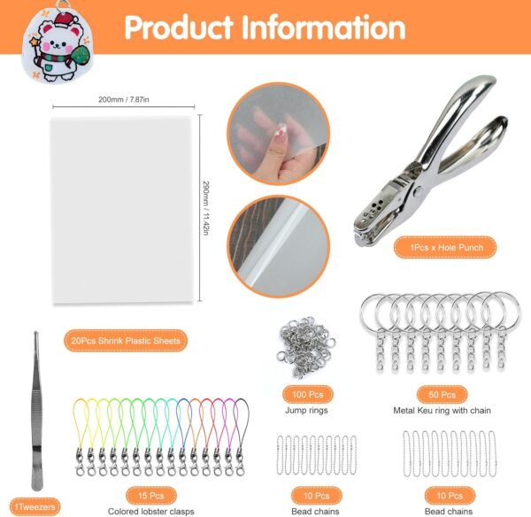 Heat Shrink Plastic Sheets Keychain Kit,206 Pcs Shrinky Sheets Kits for Shrinky,Including 20 Pcs Shrink Paper Sheets,Keychains Accessories Hole Punch for Crafts and Keychains Ornaments - Image 2