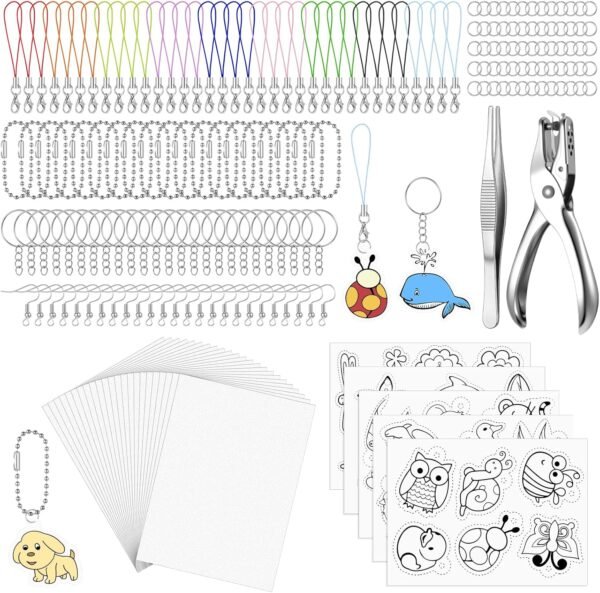 277 Pcs Shrink Plastic Sheets Kit, Including 30Pcs Shrink Plastic Sheets 5Pcs Shrinky Art Paper with Pattern and Keychains Accessories, Product Use Simple Without Instructions