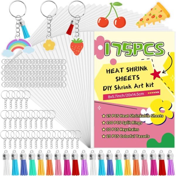 175 Shrink Plastic Sheets Films Paper Kit with 25 Pcs Shrink Dint Paper, 20 Tassels, 30 Keychains,100 Keychain Clip, Sanded Shrinky Sheet Papers for Kids Creative Craft DIY Art Jewelry (8 in x 5.7 in)