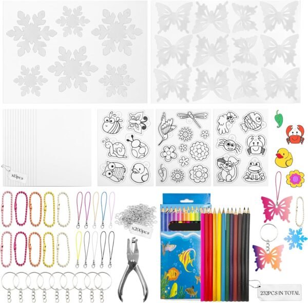 252PCS Heat Shrink Plastic Sheet Kit with Hollow Out Snowy and Butterflies Patterned  Paper, Shrink Paper with Keychain Kit,Hole Punch,Colored Pencils,Craft Creative Ornament