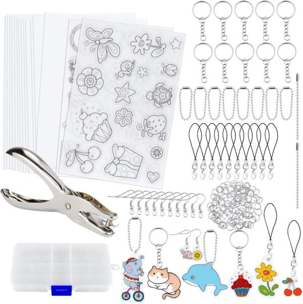 158 Pcs Shrinky Sheets Kits, Including 17 Pcs Shrinky Art Heat Shrink Plastic Sheets, 140 Pcs Keychains Accessories, Hole Punch for Kids Craft Christmas Ornaments