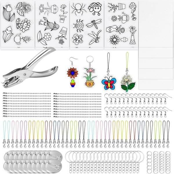 174Pcs Shrinking Plastic Sheets Kit W Blank and Pattern Shrinkle Film Art Paper, Hole Punch, Keychains Accessories, Butterfly Clutch Tie Tacks, Ball Beads Chain for Craft and Art Supplies