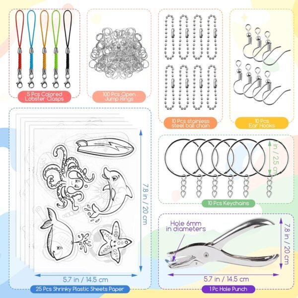Shrink Paper Kit, 160 Pieces Art Craft Kit Including 25 Patterned Shrink Plastic Sheets, Keychain and Jewelry Accessories for Kids Creative Craft Making - Image 2